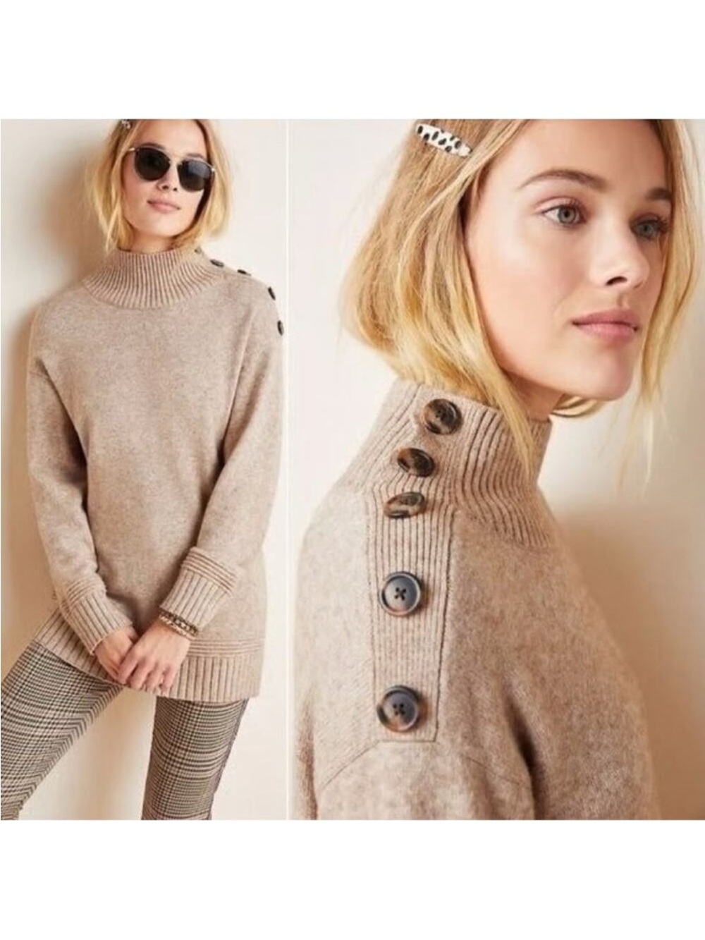 Anthropologie Margarita High Neck Soft Heather Tan Tunic Sweater NWT Xl
